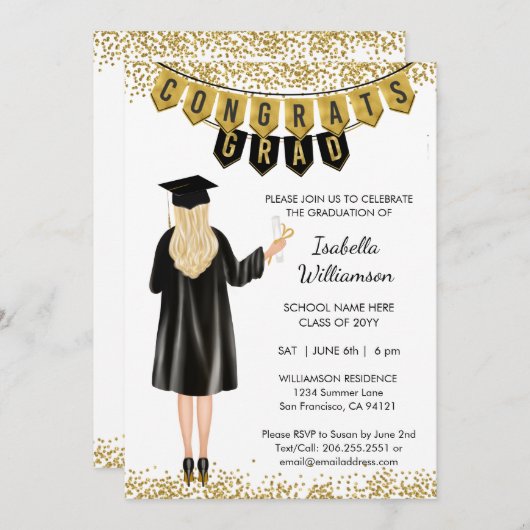 Unieke Afstuderen Uitnodiging Blond Haar (Voorkant / Achterkant)