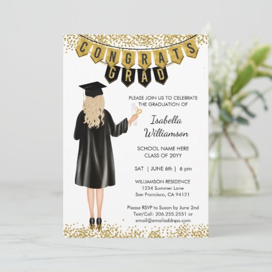 Unieke Afstuderen Uitnodiging Blond Haar (Staand voorkant)