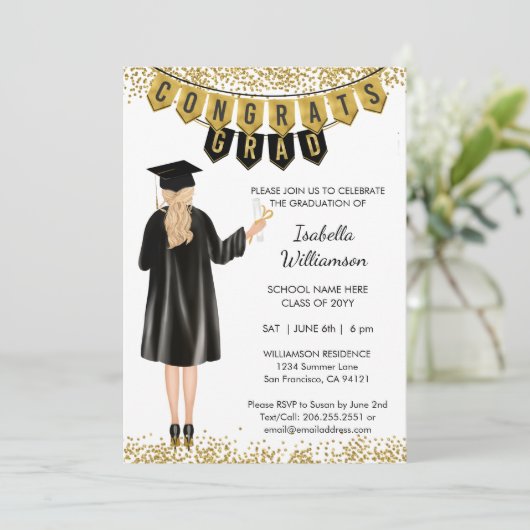 Unieke Afstuderen Uitnodiging Blond Haar (Staand voorkant)