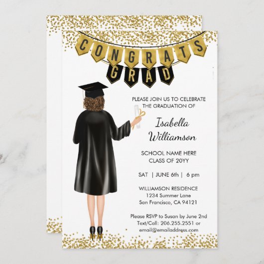 Unieke Afstuderen Uitnodiging Bruin Haar (Voorkant / Achterkant)