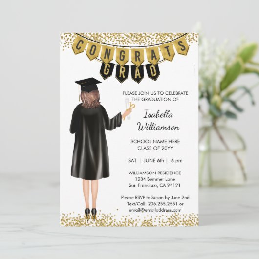 Unieke Afstuderen Uitnodiging Bruin Haar (Staand voorkant)