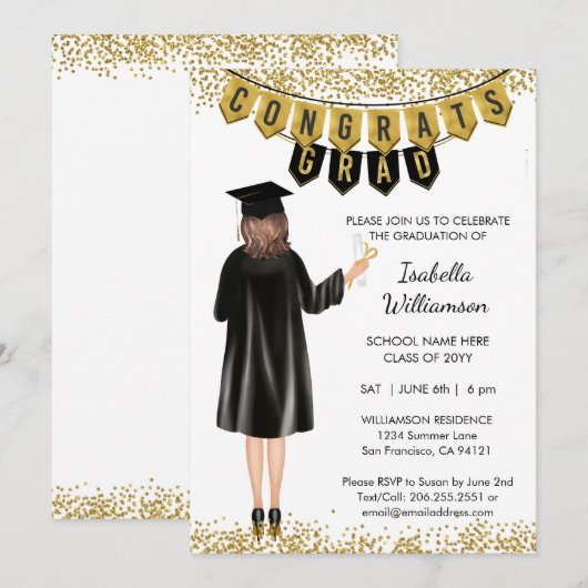 Unieke Afstuderen Uitnodiging Bruin Haar (Voorkant / Achterkant)