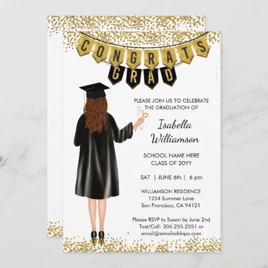 Unieke Afstuderen Uitnodiging Bruin Haar (Voorkant / Achterkant)