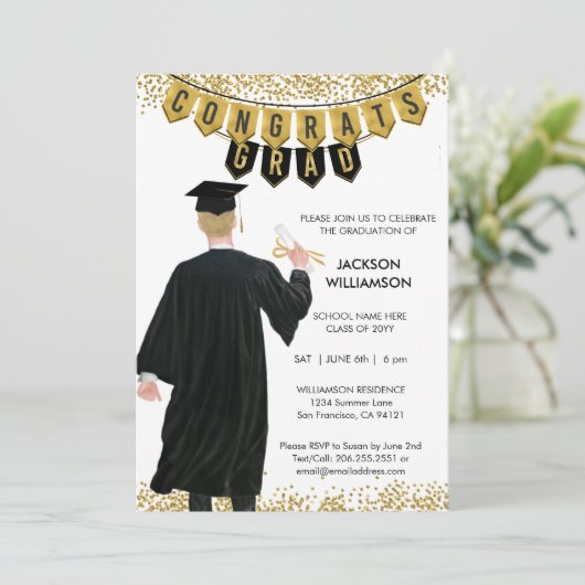 Unieke Afstuderen Uitnodiging Mannelijk Blond Haar (Staand voorkant)