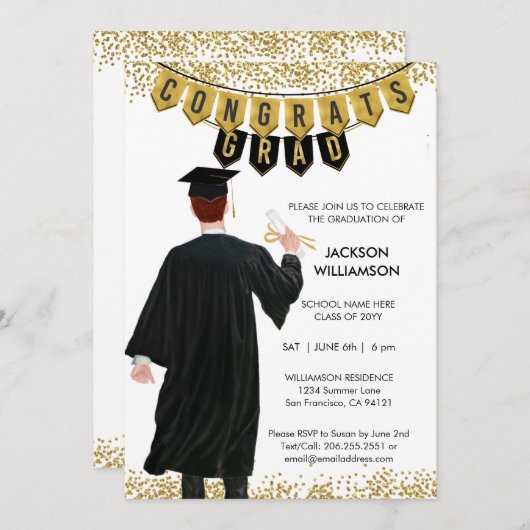 Unieke Afstuderen Uitnodiging Mannelijk Rood Haar (Voorkant / Achterkant)