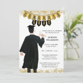 Unieke Afstuderen Uitnodiging Mannelijk Zwart Haar (Staand voorkant)