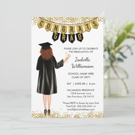 Unieke Afstuderen Uitnodiging Rood haar (Staand voorkant)