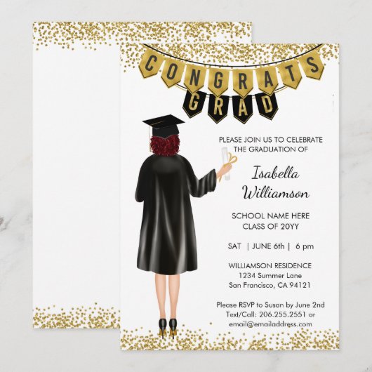 Unieke Afstuderen Uitnodiging Rood haar (Voorkant / Achterkant)