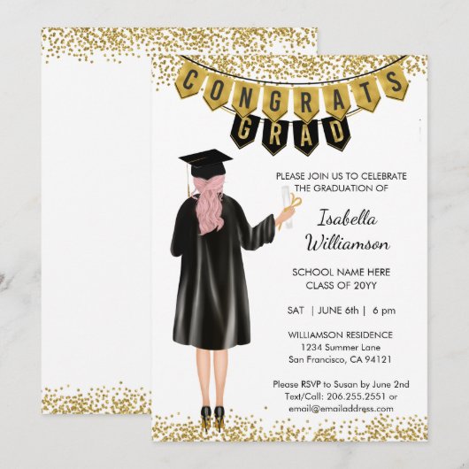 Unieke Afstuderen Uitnodiging Roze Haar (Voorkant / Achterkant)