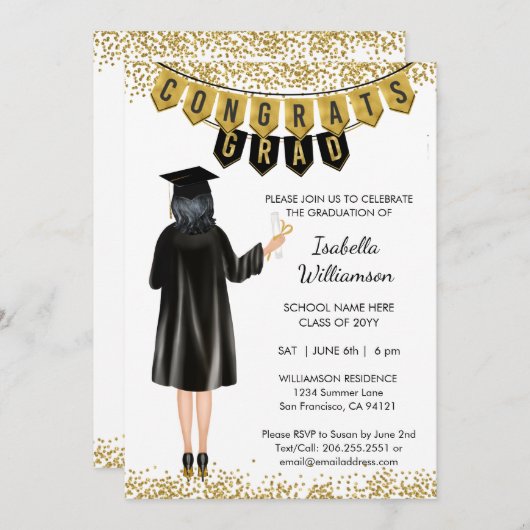Unieke Afstuderen Uitnodiging Zwart Haar (Voorkant / Achterkant)