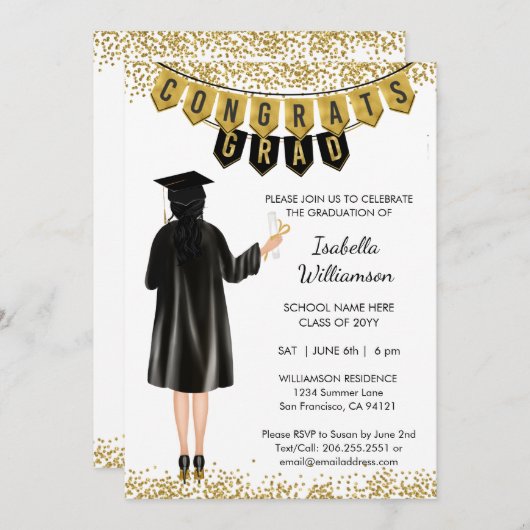 Unieke Afstuderen Uitnodiging Zwart Haar (Voorkant / Achterkant)