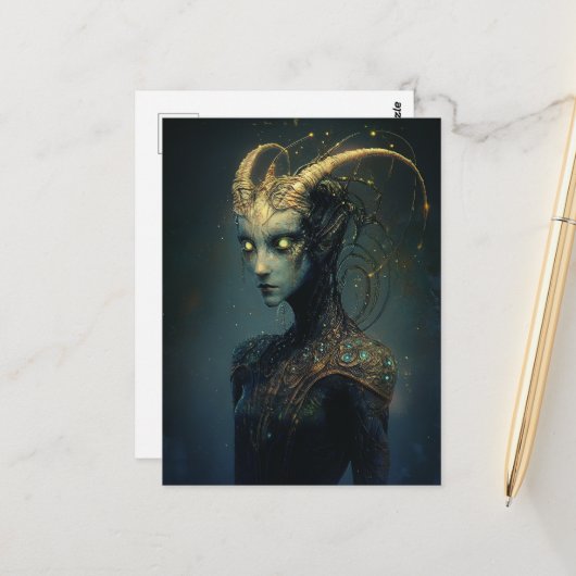 Unieke alien met stralende ogen briefkaart (Voorkant / Achterkant in situ)