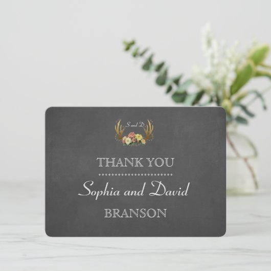 Unieke Antlers Floral Chalk Weddenschap DANK U Bedankkaart (Staand voorkant)