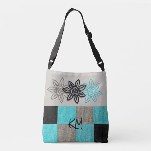 Unieke Aqua Black Tan-Canvas tas met bloemen (Achterkant)