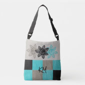 Unieke Aqua Black Tan-Canvas tas met bloemen (Voorkant)