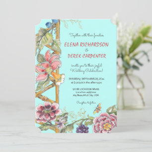 Unieke Aqua Floral Chinoiserie Garden Wedding Kaart