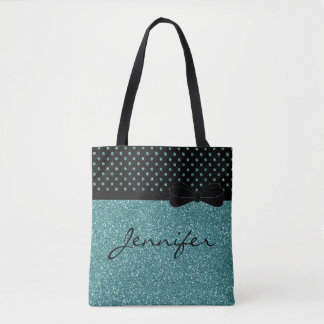 Unieke Aqua Glitter Black Polka Dots op maat Tote Bag