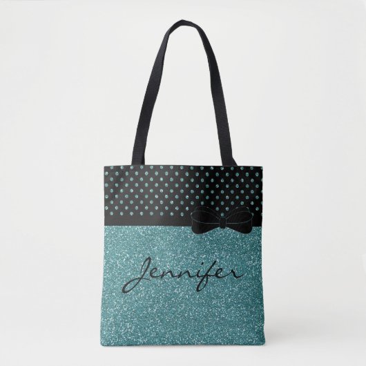 Unieke Aqua Glitter Black Polka Dots op maat Tote Bag (Voorkant)