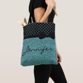 Unieke Aqua Glitter Black Polka Dots op maat Tote Bag (Dichtbij)