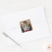 Unieke aquarel tabby kat met blauwe vlinderdas vierkante sticker (Envelop)