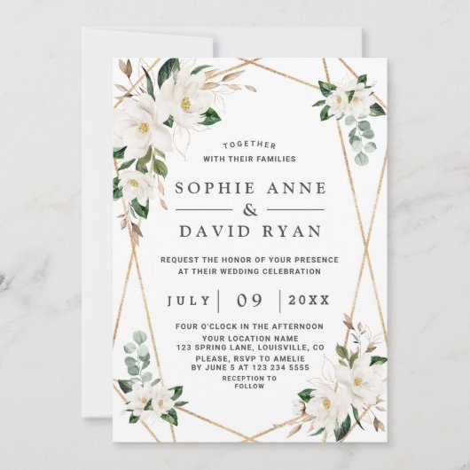 Unieke Aquarel Witte Magnolia Gouden Bruiloft Kaart (Voorkant)