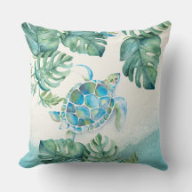 Unieke aquarel zeeschildpad op palmbladeren