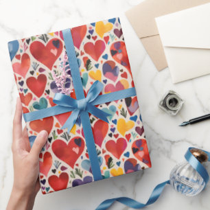 Unieke Artsy Kleur Liefde Harten Waterverf Patroon Cadeaupapier
