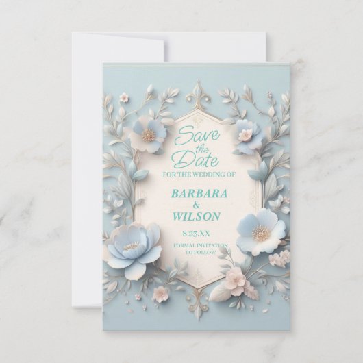 Unieke blauw-wit bewaart de datumkaart save the date (Voorkant)