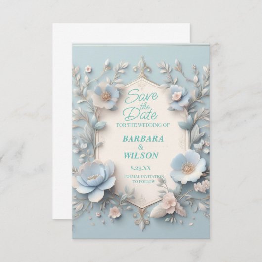 Unieke blauw-wit bewaart de datumkaart save the date (Voorkant / Achterkant)