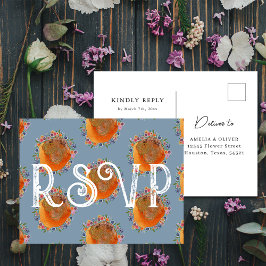 Unieke Blauwe Aquarel Wilde Bloem Bruiloft RSVP Briefkaart