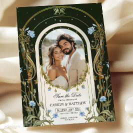 Unieke Blauwe Bloemige Save the Date Foto Kaart