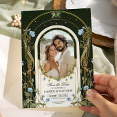 Unieke Blauwe Bloemige Save the Date Foto Kaart