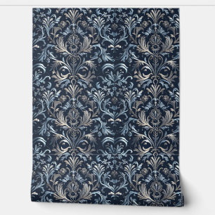 Unieke Blauwe en Zilveren Grijze Scroll Behang
