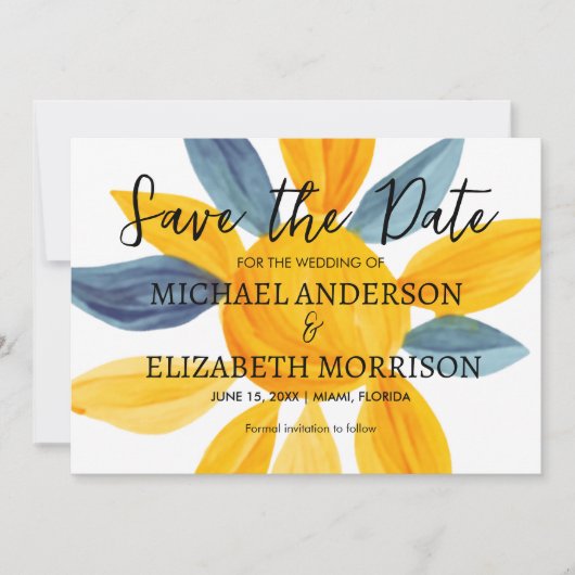 Unieke Blauwe Gele Trouwfoto Bewaar Datum  Save The Date (Voorkant)