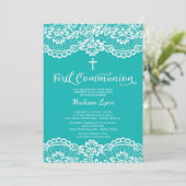 Unieke blauwe kant Eerste Heilige Communie Uitnodi Kaart (Staand voorkant)