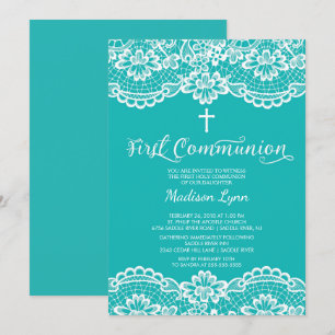 Unieke blauwe kant Eerste Heilige Communie Uitnodi Kaart