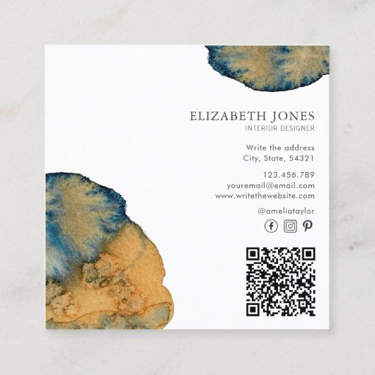 Unieke Blauwe Terracotta Abstracte Waterverf QR Co Vierkante Visitekaartje (Achterkant)