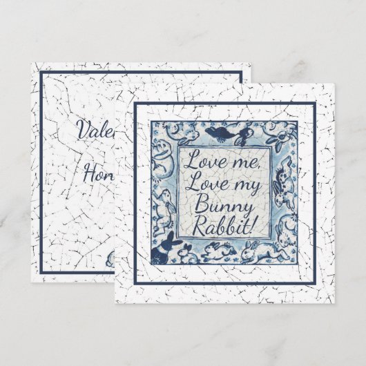 Unieke Blauwe Valentijn Rabbit Bunny Love Delft Feestdagenkaart (Voorkant / Achterkant)