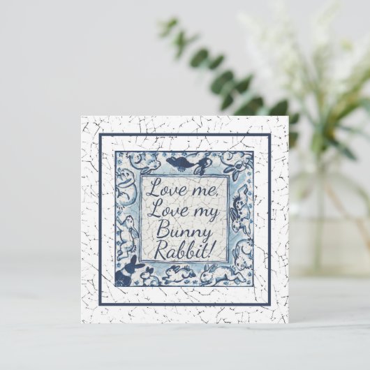 Unieke Blauwe Valentijn Rabbit Bunny Love Delft Feestdagenkaart (Staand voorkant)