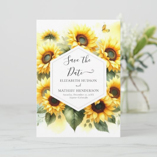 Unieke Bloemen Zonnebloem bruiloft Save The Date (Staand voorkant)