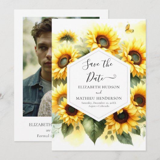 Unieke Bloemen Zonnebloem bruiloft Save The Date (Voorkant / Achterkant)