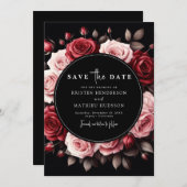 Unieke Bloemenkarmozijnrode bruiloft Save The Date (Voorkant / Achterkant)