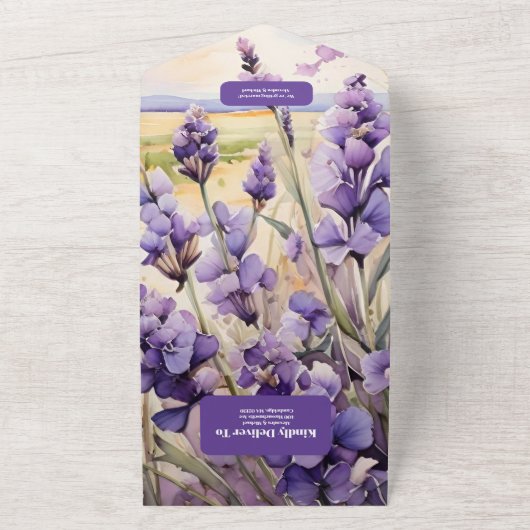 Unieke bloemenlavendel bruiloft all in one uitnodiging (Buitenkant)