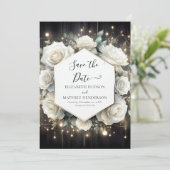 Unieke Bloom White Roses bruiloft Save The Date (Staand voorkant)