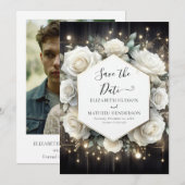 Unieke Bloom White Roses bruiloft Save The Date (Voorkant / Achterkant)