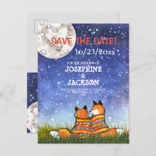 Unieke Blue Fox Maan Sterren Save the Date Bruilof Aankondigingskaart (Voorkant / Achterkant)