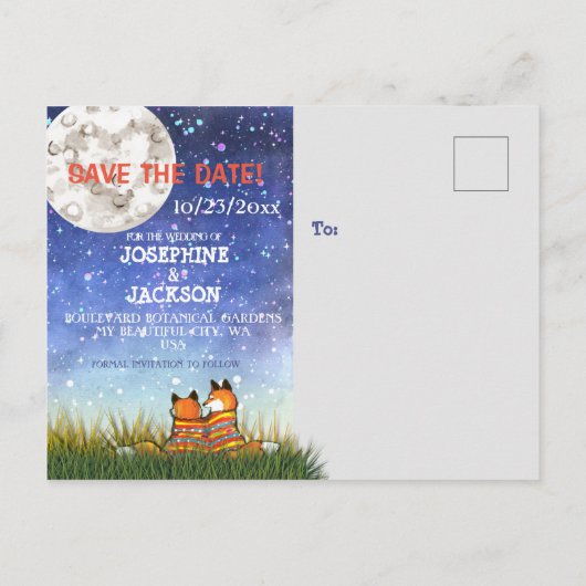 Unieke Blue Fox Maan Sterren Save the Date Bruilof Aankondigingskaart (Achterkant)
