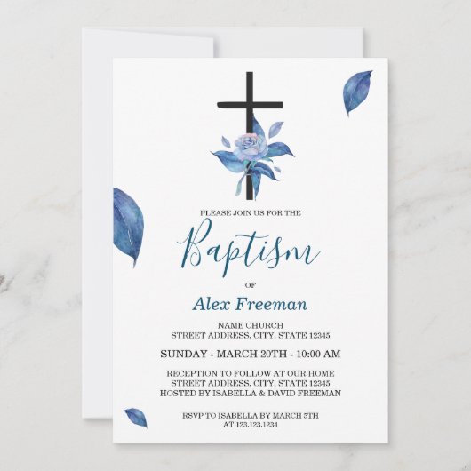 Unieke Blue Script Waterverf Roos Bloemendoop Kaart (Voorkant)