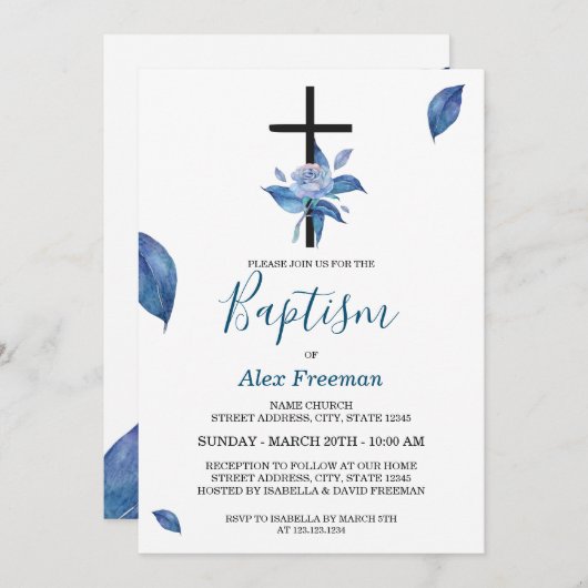 Unieke Blue Script Waterverf Roos Bloemendoop Kaart (Voorkant / Achterkant)