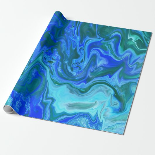 Unieke Blue Turquoise Navy Abstracte Fluid Art Cadeaupapier (Uitgerold)